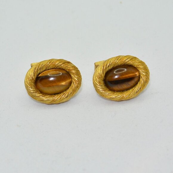 Vintage 18K Gold Quartz Tiger Eye Cuff Link - Picture 1 of 3